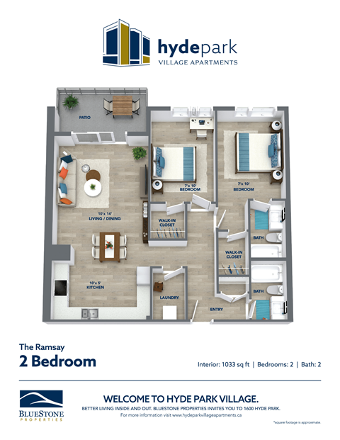 Floor plan for 2 beds, 2 baths, 1033 sqft